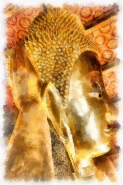 Wat Pho Tapınağı Bangkok suluboya resim çizimi.