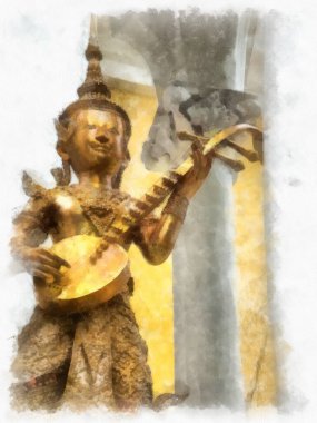 Tayland sanatındaki antik melek heykelleri antik binaları süslemekte suluboya resim çizimleri çizmekte..