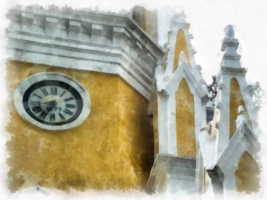 Antik sarı Hıristiyan kilisesi gotik mimari Illustrasyonlar suluboya stili illüstrasyon ressamı.