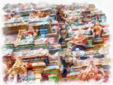 Antik Hindu tapınağı suluboya stili çizim empresyonisti.