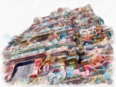 Antik Hindu tapınağı suluboya stili çizim empresyonisti.