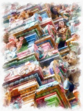 Antik Hindu tapınağı suluboya stili çizim empresyonisti.