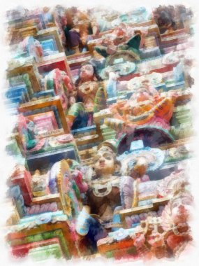 Antik Hindu tapınağı suluboya stili çizim empresyonisti.