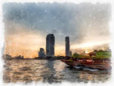 Gün batımında şehir ve nehir manzarası suluboya stili illüstrasyon ressamı.