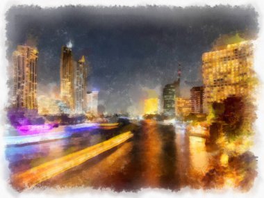 Gece şehir ve nehir manzarası suluboya stili illüstrasyon ressamı.