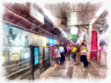 Şehrin ortasındaki gökyüzü tren istasyonunun manzarası suluboya stili illüstrasyon ressamı.