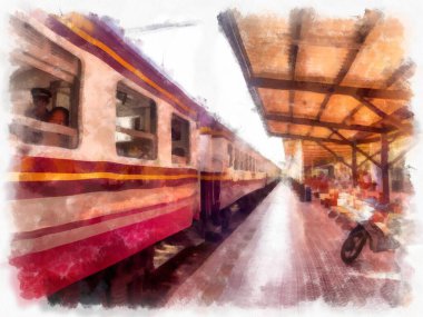Tren istasyonu pazarındaki Tayland treni suluboya resim çizimi..