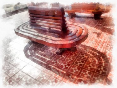 Tren istasyonu pazarındaki Tayland treni suluboya resim çizimi..