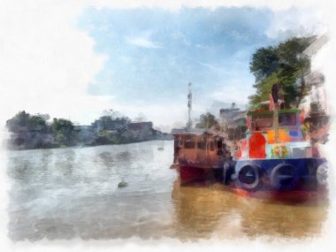 Tayland suluboya resim çiziminde ahşap bir feribot manzarası..