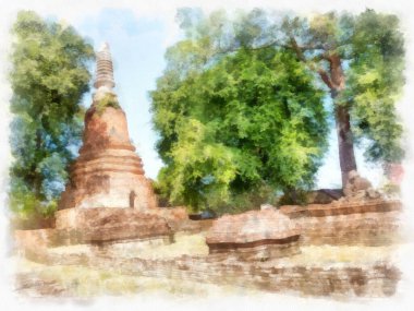 Ayutthaya Tayland 'daki antik harabeler suluboya resim çizimi.