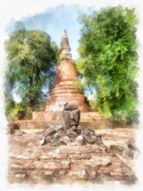 Ayutthaya Tayland 'daki antik harabeler suluboya resim çizimi.