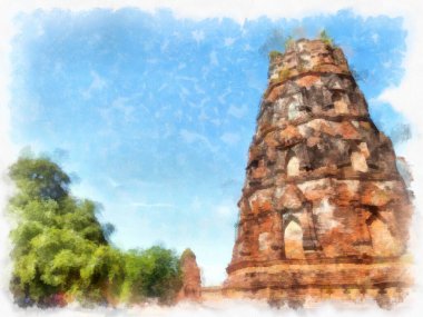 Ayutthaya Tayland 'daki antik harabeler suluboya resim çizimi.