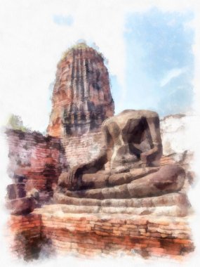 Ayutthaya Tayland 'daki antik harabeler suluboya resim çizimi.
