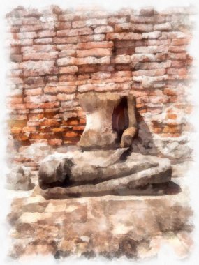 Ayutthaya Tayland 'daki antik harabeler suluboya resim çizimi.