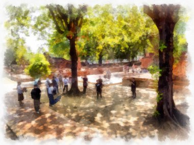 Ayutthaya Tayland 'daki antik harabeler suluboya resim çizimi.