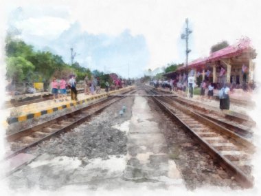 Tayland tren istasyonu marketi suluboya resim çizimi.