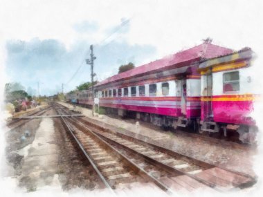Tren istasyonu pazarındaki Tayland treni suluboya resim çizimi..