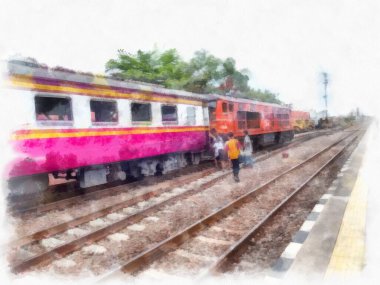 Tren istasyonu pazarındaki Tayland treni suluboya resim çizimi..