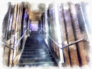 Uzun yürüyüş yolu suluboya stili illüstrasyon çizimine sahip köprü.