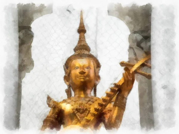 Alte Statuen Von Engeln Thailändischer Kunst Schmücken Alte Gebäude Aquarell — Stockfoto