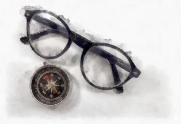 Bússola Com Óculos Aquarela Estilo Ilustração Impressionista Pintura — Fotografia de Stock