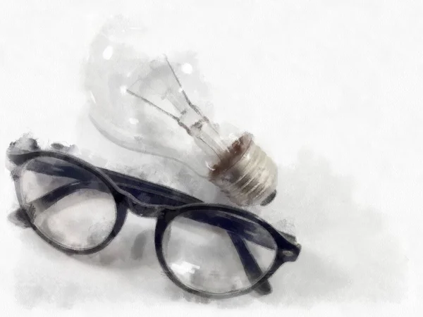 白熱電球付きのメガネ水彩風のイラスト印象派絵画 — ストック写真