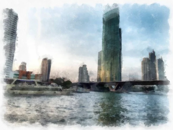 Τοπίο Της Πόλης Και Του Ποταμού Στο Ηλιοβασίλεμα Εικονογράφηση Στυλ — Φωτογραφία Αρχείου