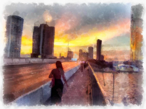 Τοπίο Της Πόλης Και Του Ποταμού Στο Ηλιοβασίλεμα Εικονογράφηση Στυλ — Φωτογραφία Αρχείου