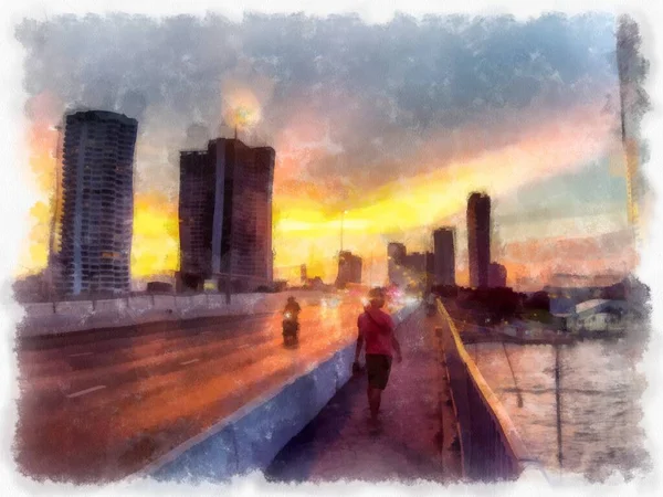 Città Fiume Paesaggio Tramonto Acquerello Stile Illustrazione Impressionista Pittura — Foto Stock