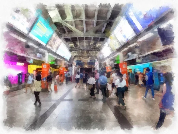 市内の中央にあるスカイトレインの駅の風景水彩画風のイラスト印象派絵画 — ストック写真