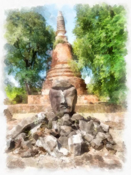 Antiguas Ruinas Ayutthaya Tailandia Acuarela Estilo Ilustración Pintura Impresionista —  Fotos de Stock