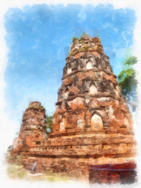 Ayutthaya古遗址泰国水彩画风格图解 — 图库照片
