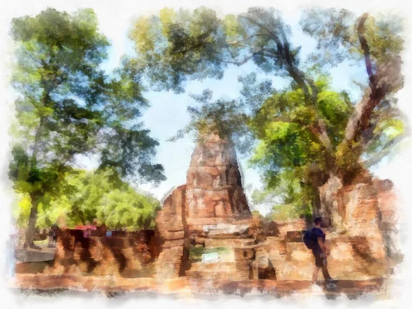 Antiguas Ruinas Ayutthaya Tailandia Acuarela Estilo Ilustración Pintura Impresionista — Foto de Stock