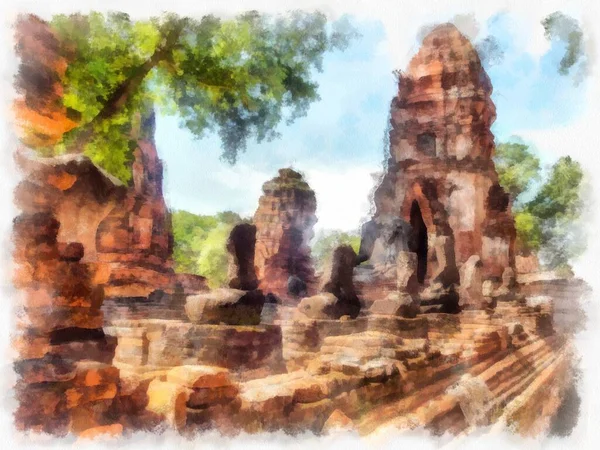 Древние Руины Аюттхая Таиланд Акварель Стиль Иллюстрации Импрессионистской Живописи — стоковое фото