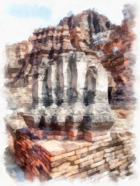 Ruínas Antigas Ayutthaya Tailândia Aquarela Estilo Ilustração Impressionista Pintura — Fotografia de Stock