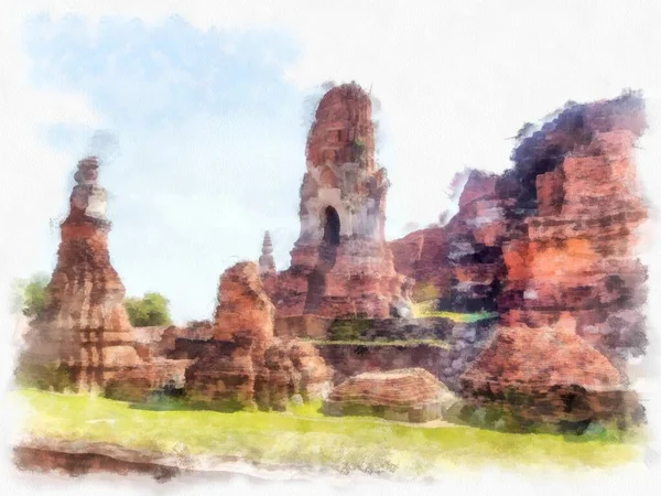 Ancient Ruins Ayutthaya Thailand Watercolor Style Illustration Impressionist Painting — Stock Photo, Image