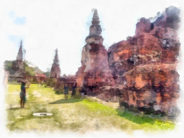 Ayutthaya古遗址泰国水彩画风格图解 — 图库照片