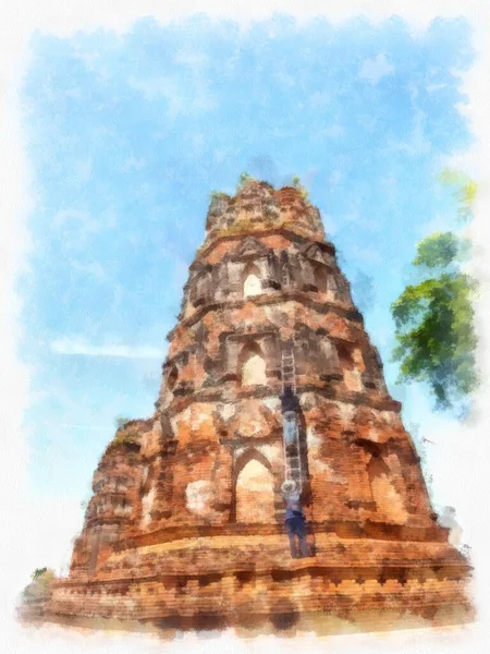 Αρχαία Ερείπια Στην Ayutthaya Ταϊλάνδη Ακουαρέλα Στυλ Εικονογράφηση Ιμπρεσιονιστική Ζωγραφική — Φωτογραφία Αρχείου