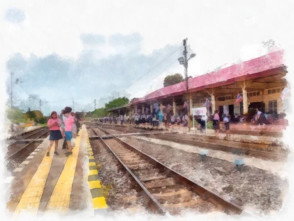 泰国火车站市场水彩画 印象派绘画 — 图库照片