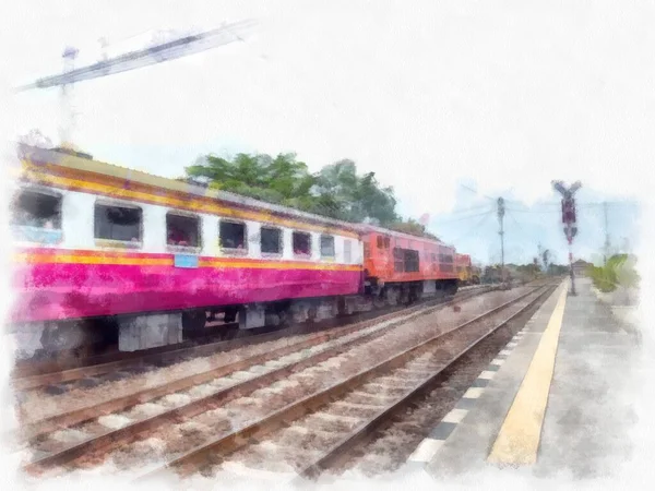 Tren Istasyonu Pazarındaki Tayland Treni Suluboya Resim Çizimi — Stok fotoğraf