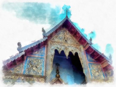Tayland suluboya tarzının antik mimarisi empresyonist resim.