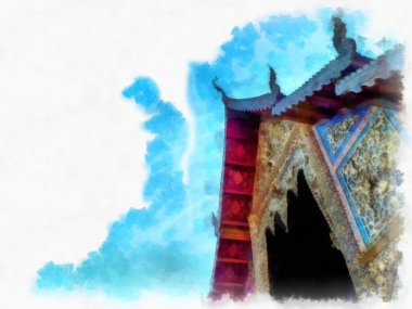 Tayland suluboya tarzının antik mimarisi empresyonist resim.