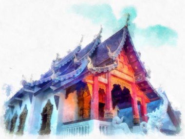 Tayland suluboya tarzının antik mimarisi empresyonist resim.