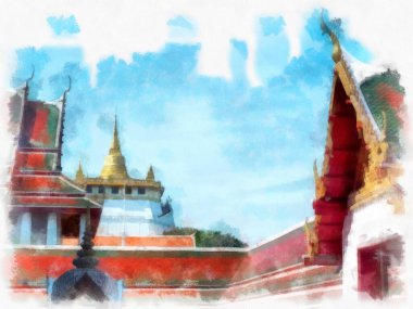 Wat Sa Ket Tapınağı Altın Dağ Bangkok Tayland suluboya resim ressamı.