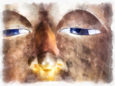 Altın Buda heykeli suluboya resim çizimine bakıyor.