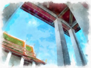 Tayland suluboya tarzının antik mimarisi empresyonist resim.