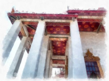 Tayland suluboya tarzının antik mimarisi empresyonist resim.