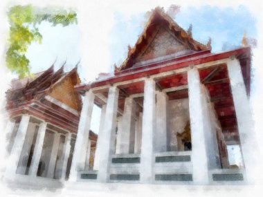 Tayland suluboya tarzının antik mimarisi empresyonist resim.