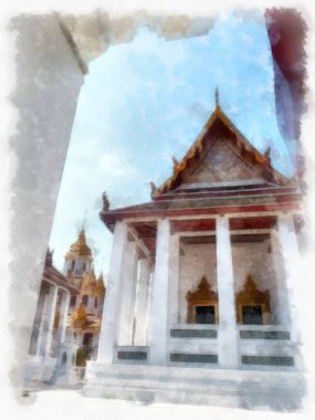 Tayland suluboya tarzının antik mimarisi empresyonist resim.