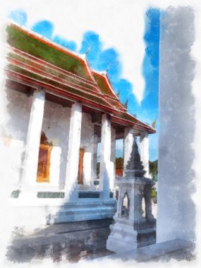 Tayland suluboya tarzının antik mimarisi empresyonist resim.
